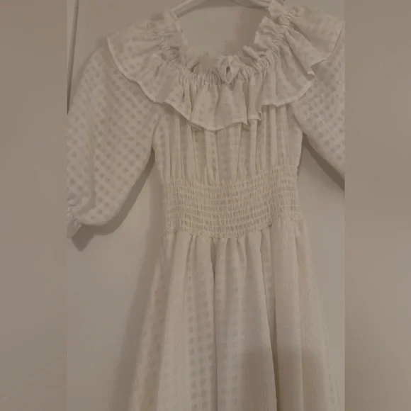 White Textured Smocked Midi Dress with Ruffle Collar - Picture 2 of 3